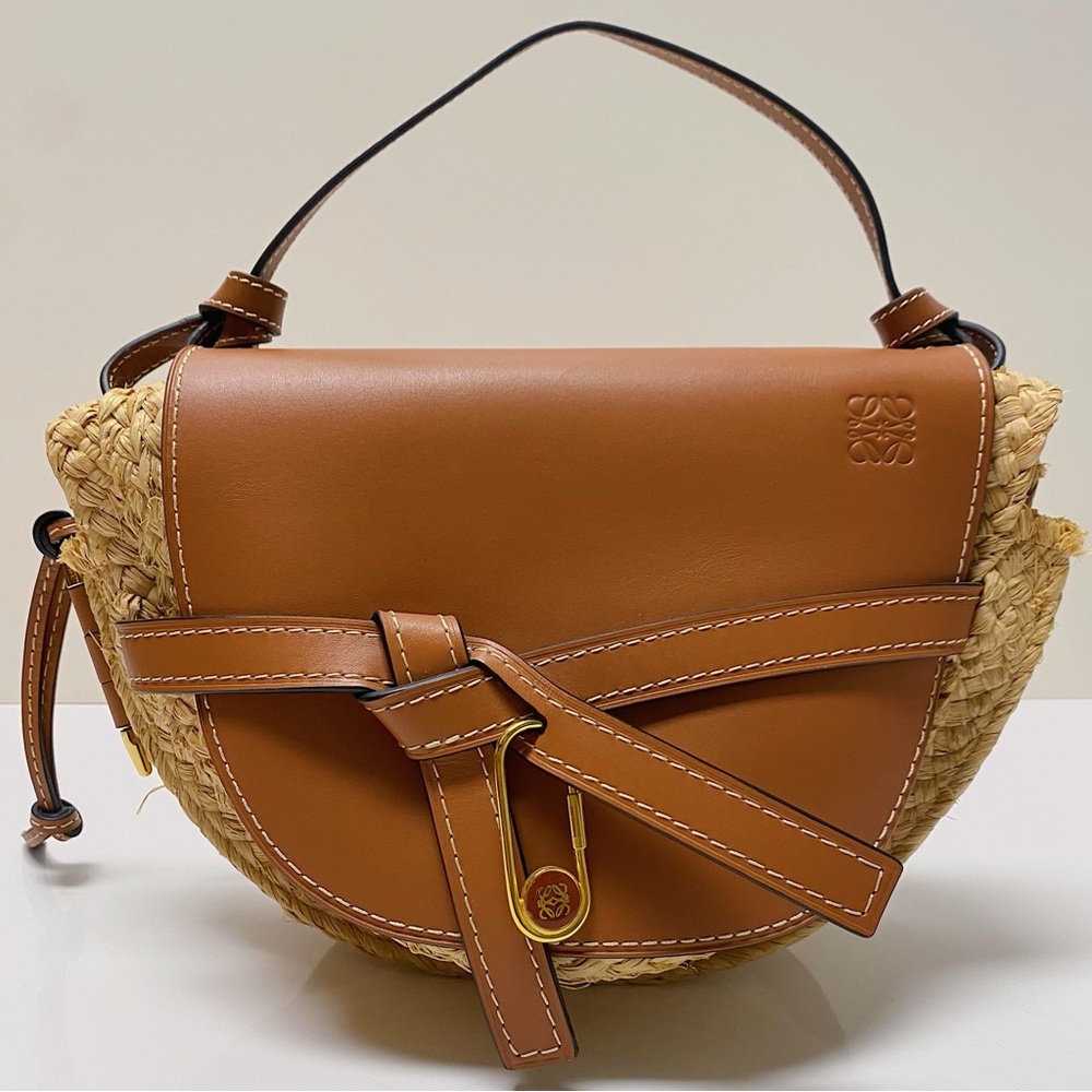 Loewe Gate Cognac Tan Leather Brown Woven Raffia Top Handle Bag Spain